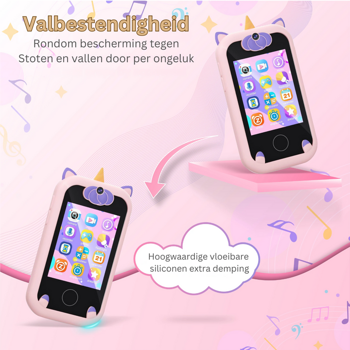 Kind maakt foto's met blauwe KiddieClick camera, ontdekt fotografie en ontwikkelt speels vaardigheden.