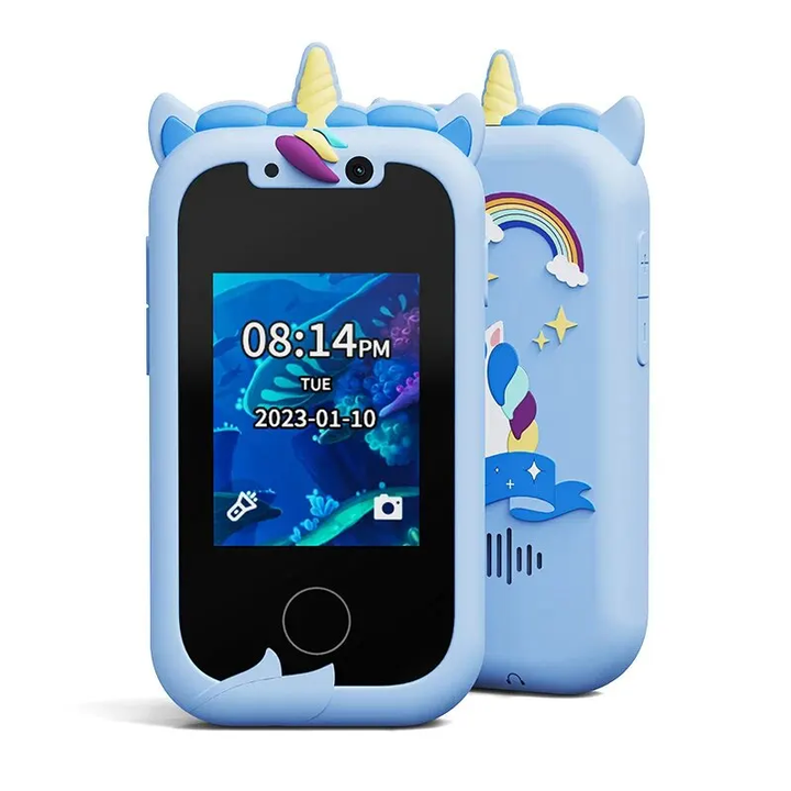 Detailopname van de roze KiddieClick educatieve kindercamera, met helder scherm en eenvoudige knoppen.
