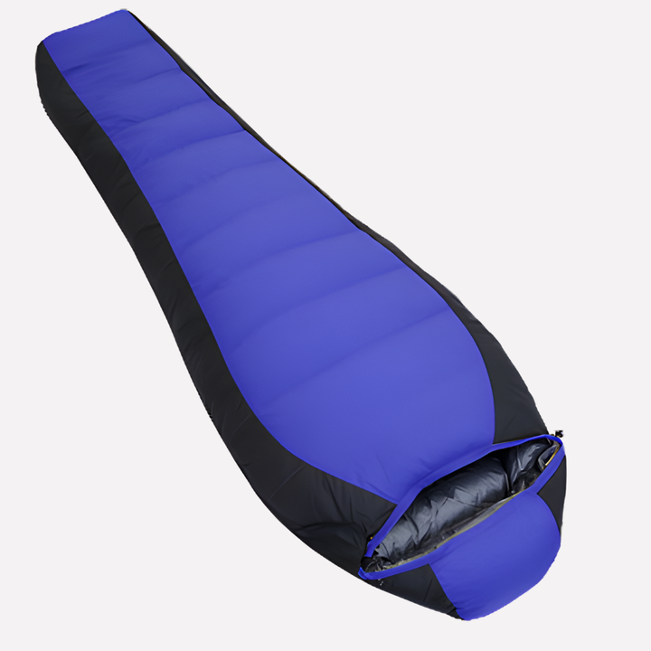 Blauwe unisex slaapzak voor koud weer, ideaal voor winterkamperen en backpacken. Biedt warme isolatie voor lange personen.