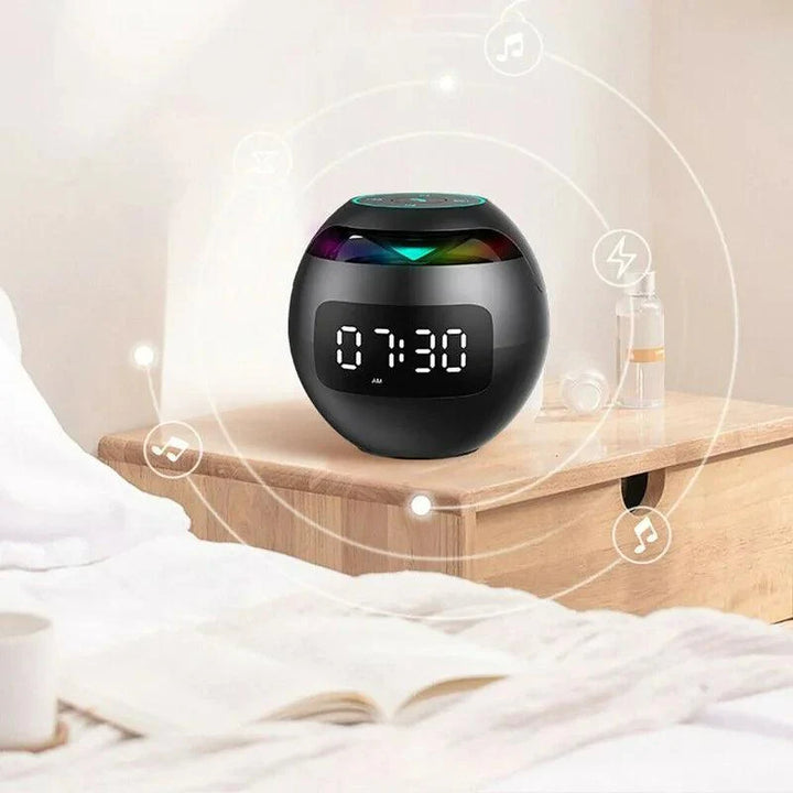 "Bluetooth wekker met LED-scherm en dynamisch licht, zwart, compacte 8.5cm, elegante uitstraling, veelzijdige functies."