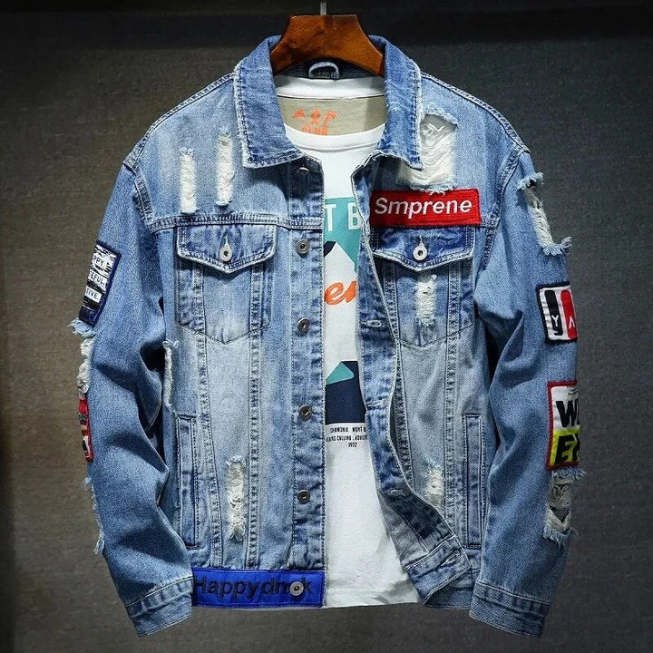 Blauwe heren denim jas met vintage wassing en opvallende opdrukken
