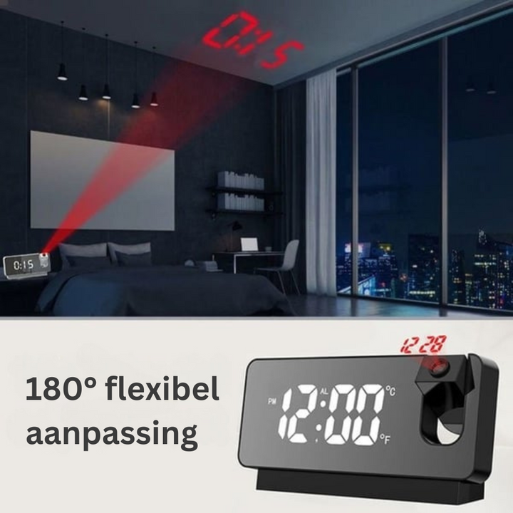Digitale wekker met projectie, ingebouwde USB-oplader, spiegel, temperatuur en luchtvochtigheidsmeter.
