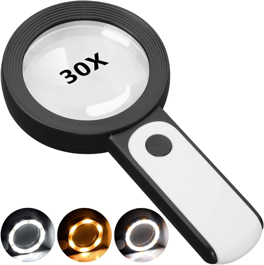 BrightView Pro 30x vergrootglas met heldere LED verlichting voor lezen en detailwerk. Ergonomisch handheld design.