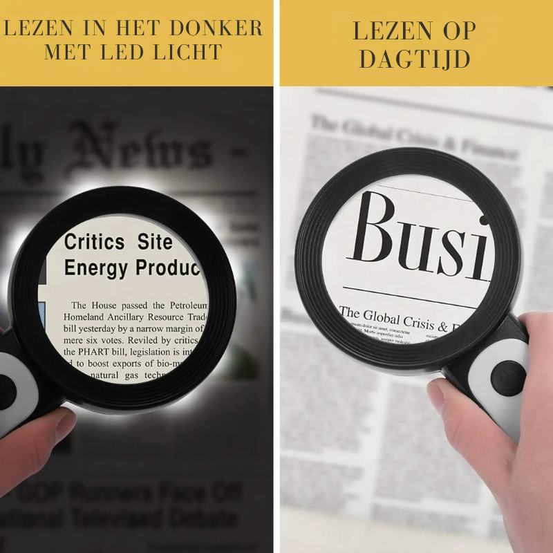 Handheld 30x vergrootglas met LED licht, ideaal voor senioren om boeken en kleine letters te lezen. Comfortabel en helder.