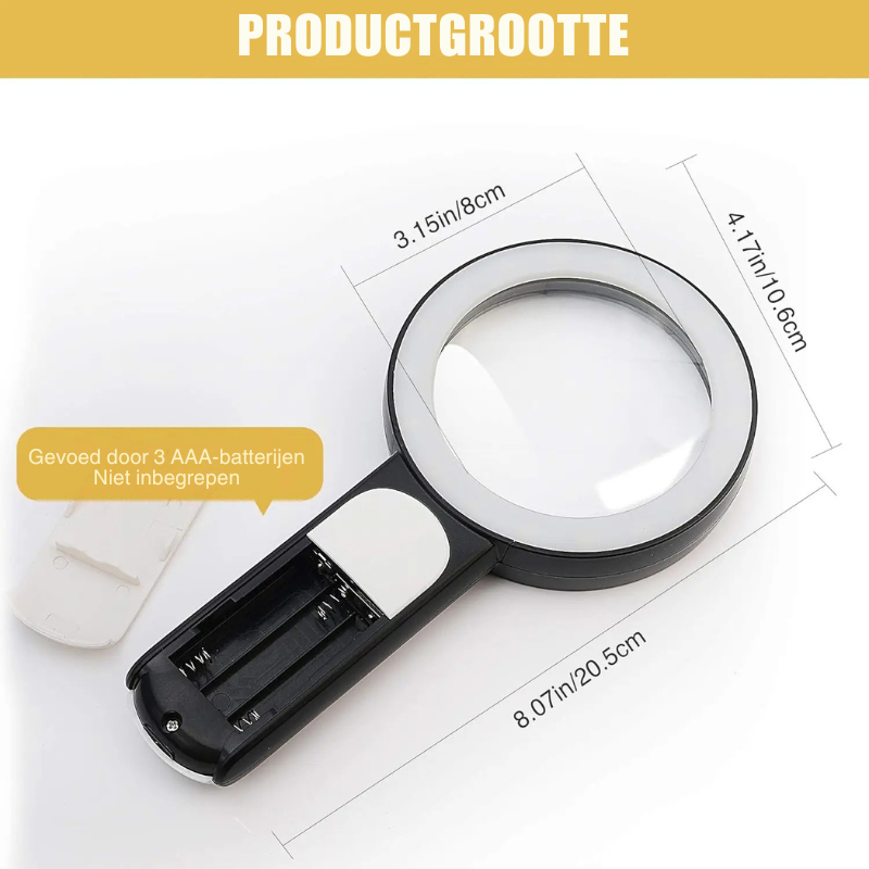 Draagbaar 30x BrightView Pro vergrootglas met LED lamp, geschikt voor lezen, inspectie en detailwerk. Ergonomisch design.