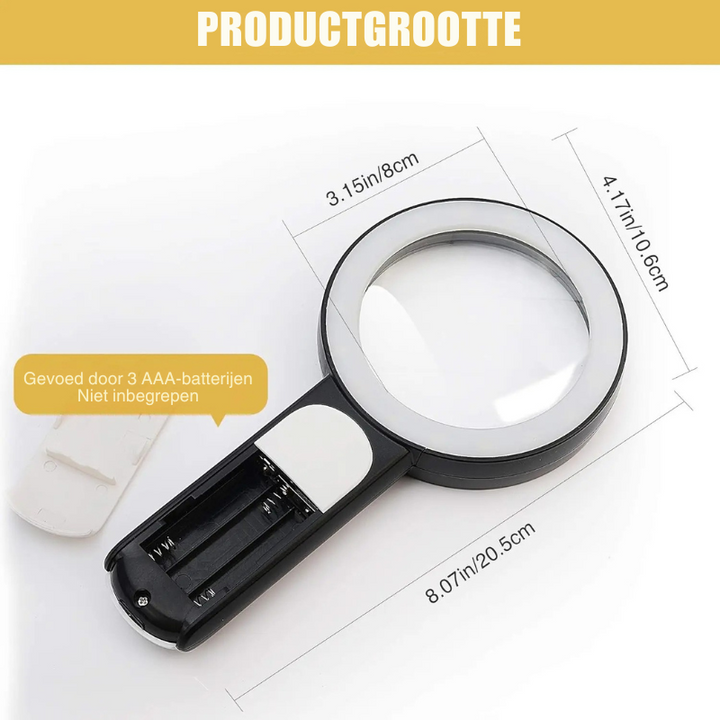 Draagbaar 30x BrightView Pro vergrootglas met LED lamp, geschikt voor lezen, inspectie en detailwerk. Ergonomisch design.