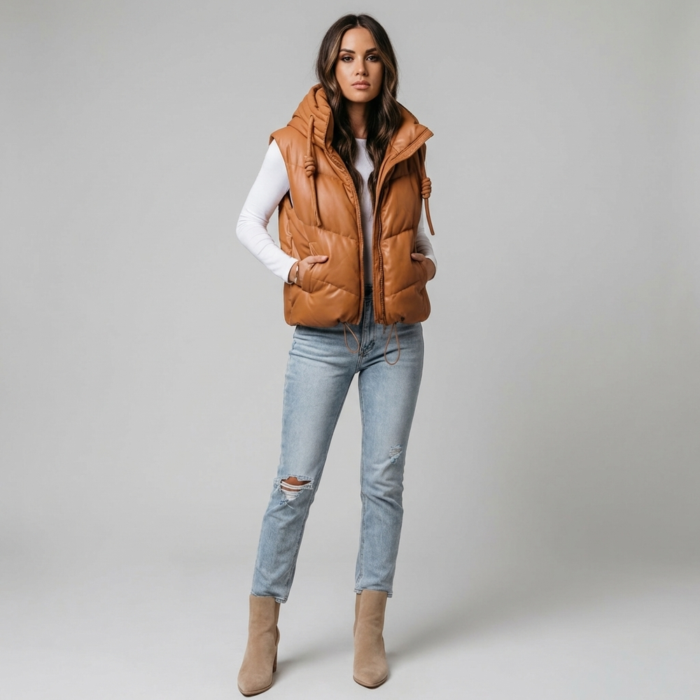 Warm bruin gekapt puffer vest voor dames, perfect als trendy tussenjas. Comfortabel en modieus voor elk seizoen.