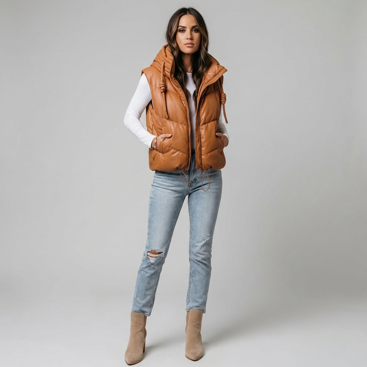 Warm bruin gekapt puffer vest voor dames, perfect als trendy tussenjas. Comfortabel en modieus voor elk seizoen.