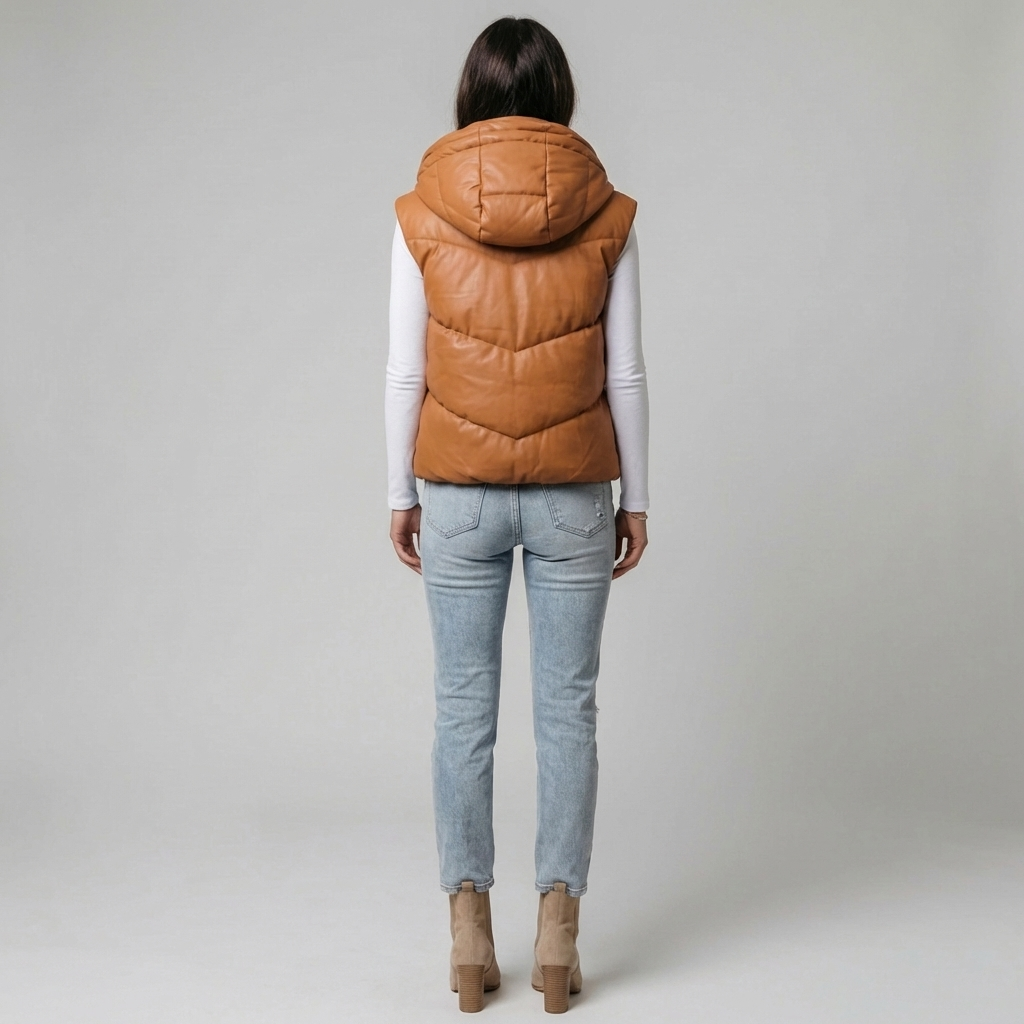 Casual bruin mouwloos puffer vest met kap voor dames. Stijlvol en warm, een essentieel item voor je herfstoutfit.