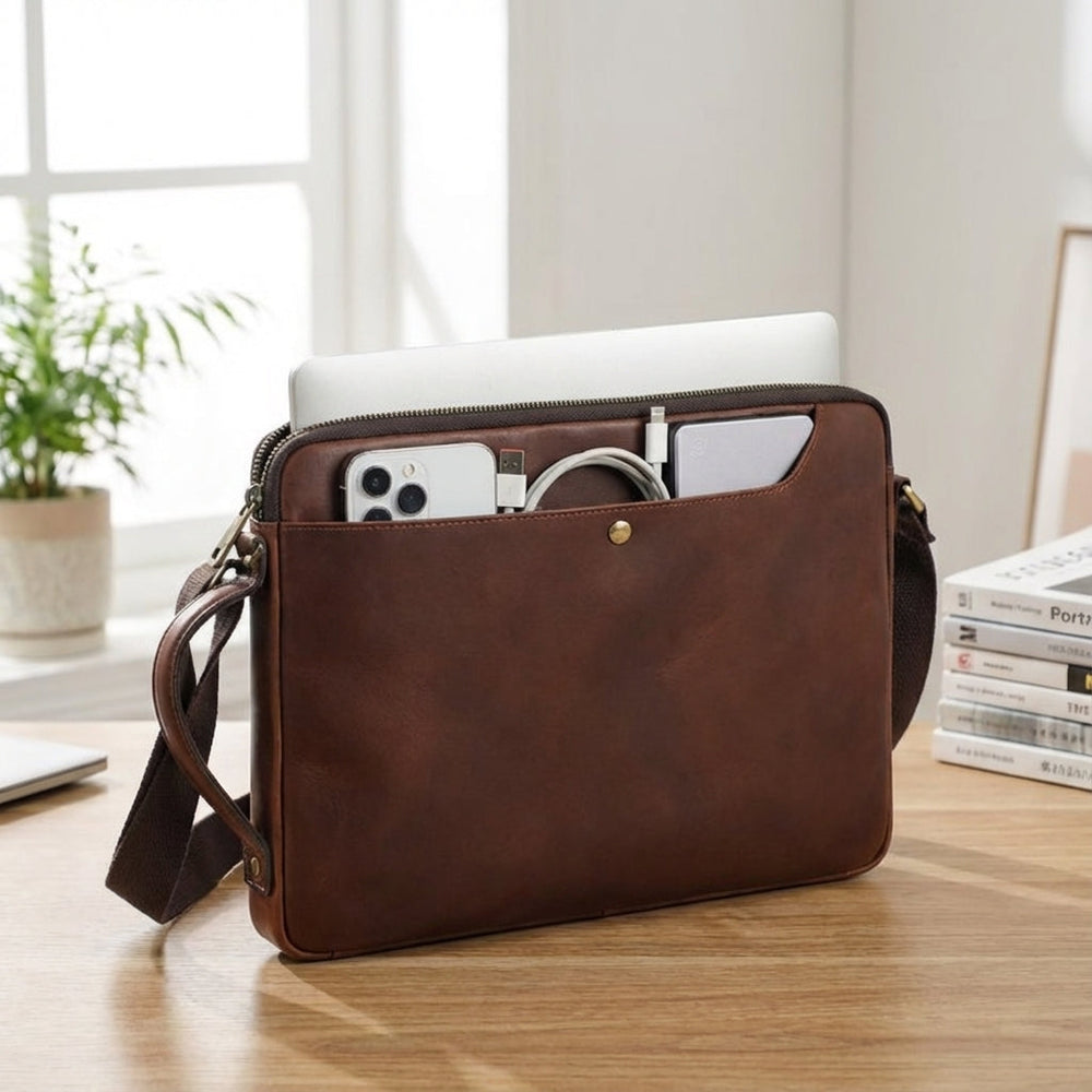 Bruine Leatherix heren leren laptoptas, elegant en praktisch voor werk of reizen, met laptop bescherming.