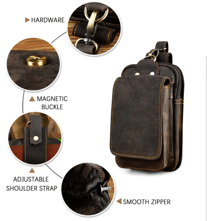 Compacte leren reistas voor heren, perfect voor essentials onderweg. Bruin leer Guardian Leather.