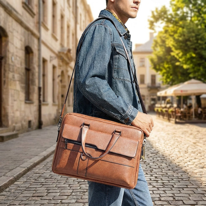 Bruine PU lederen laptoptas MetroBrief, unisex met verstelbare schouderband, perfect voor werk en zakelijk gebruik.