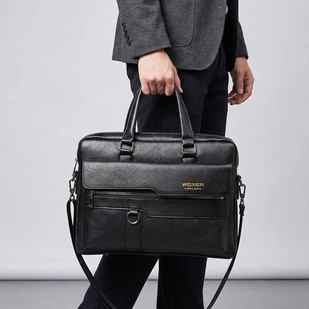 Donkerbruine laptoptas/schoudertas MetroBrief van PU leer met handige schouderband voor werk en reizen.