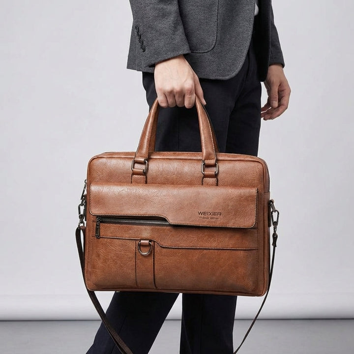 Duurzame PU leren laptoptas MetroBrief met comfortabele schouderband, beschermt uw laptop naar kantoor.