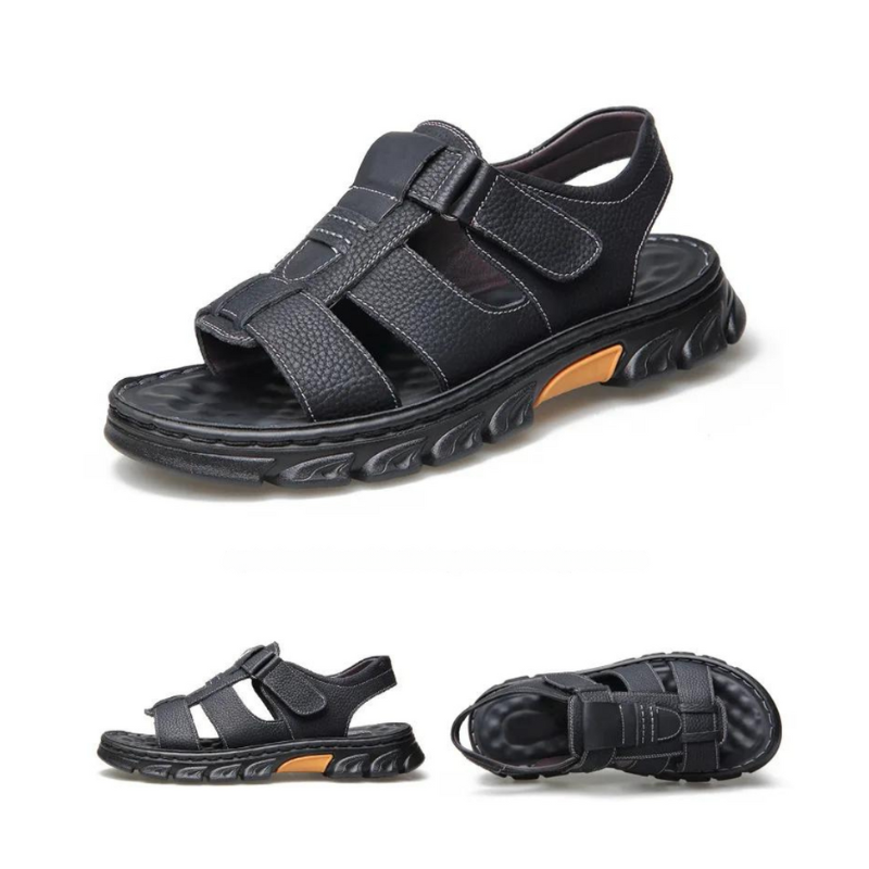 Man draagt comfortabele Thijs orthopedische wandelsandalen van leer tijdens een zomerse wandeling.