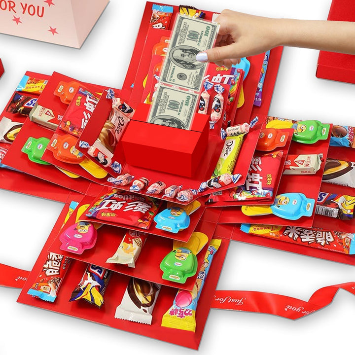 Explosiebox met vliegende vlinders, een uniek en persoonlijk cadeau vol liefde en herinneringen.