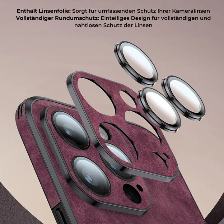Bosgroen leren telefoonhoesje, milieuvriendelijk en toch schokbestendig.