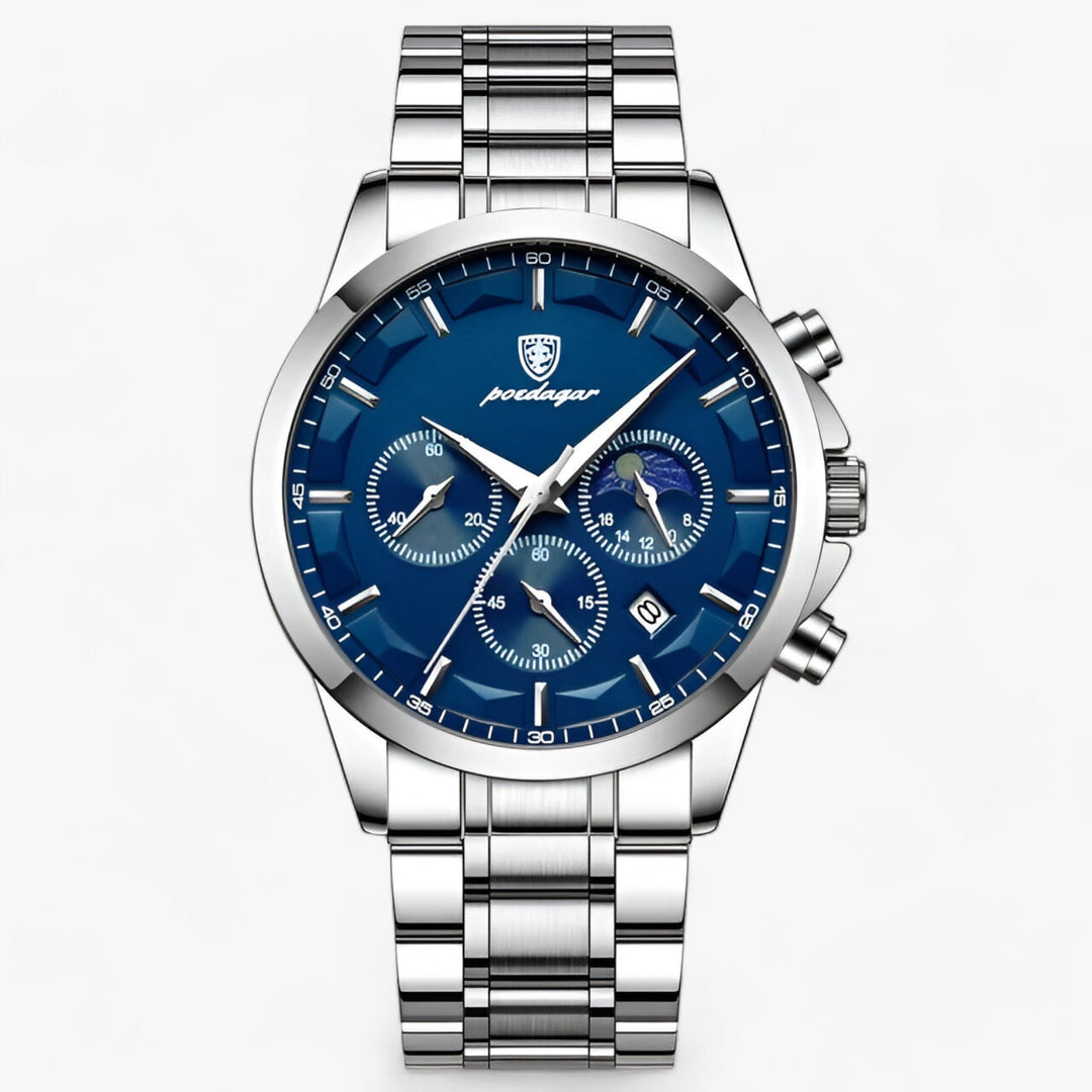 Close-up van de wijzerplaat van het luxe Cassian herenhorloge. Duidelijke wijzers en elegant design.