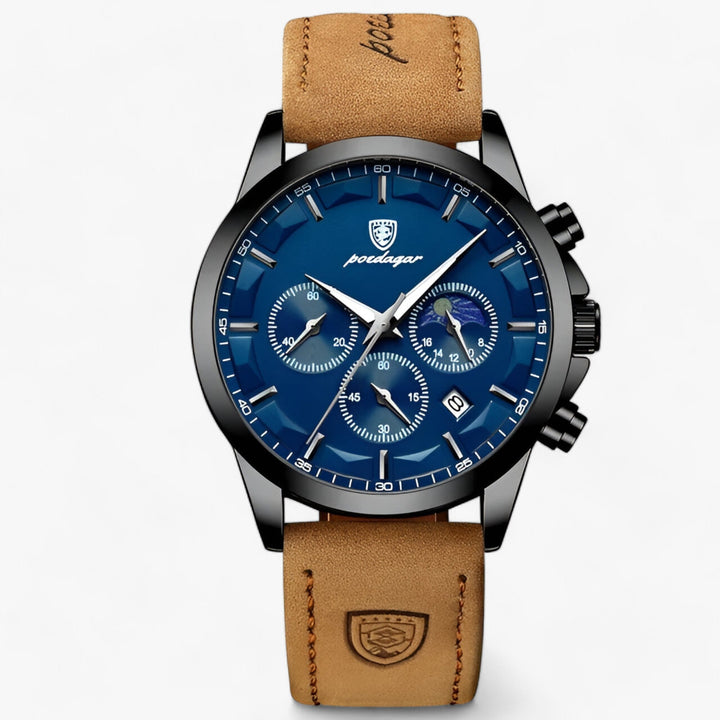 Zijaanzicht van het Cassian herenhorloge. Toont het slanke profiel en de kwaliteit van de waterdichte kast.