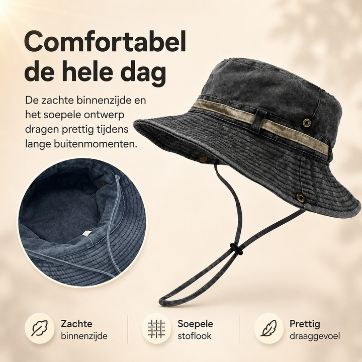 Katoenen dameshoed met brede rand voor optimale UV bescherming tijdens vissen of tuinieren.