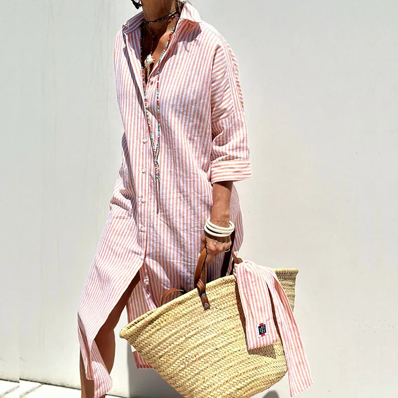 Chique dames gestreepte midi overhemdjurk met knoopsluiting, perfect voor een elegante zomerse look.