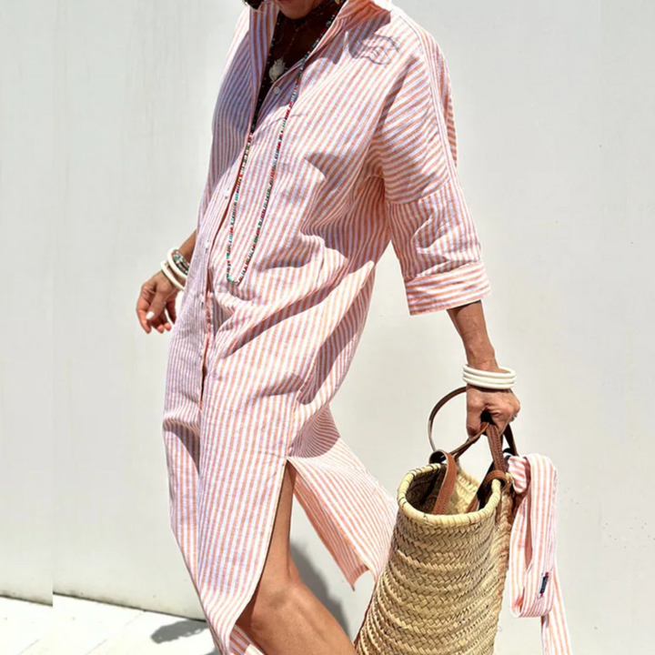 Comfortabele en veelzijdige gestreepte midi overhemdjurk, ideaal als casual lente- of zomerjurk voor dames.