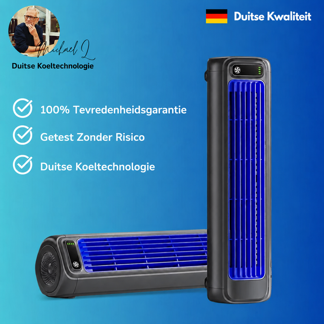 Zwarte mobiele airconditioner met blauwe ventilatieroosters en garantielogo