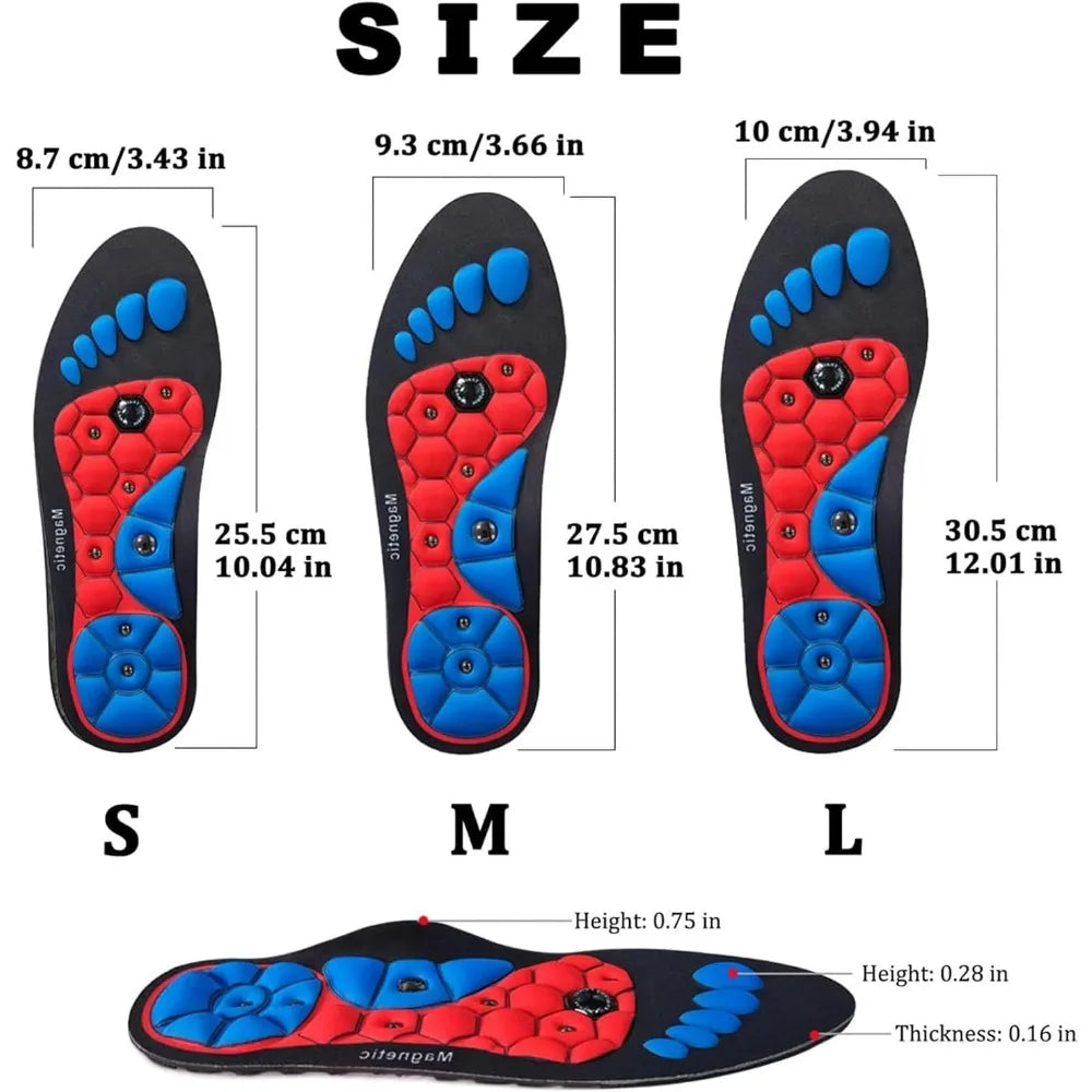Ergonomische acupressuur inlegzolen met strategisch geplaatste magneten voor totale voetverzorging.