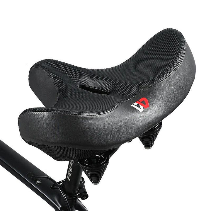 Breed ademend gelzadel voor comfortabel fietsen. Ergonomisch design voor duurzaam fietsgenot, universeel toepasbaar.