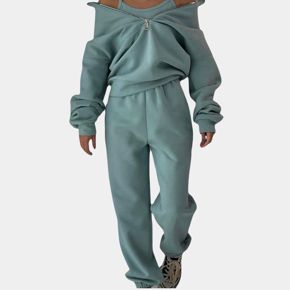 Blauw losvallend dames huispak van zachte stof, perfect als loungewear en vrijetijdskleding voor thuis.