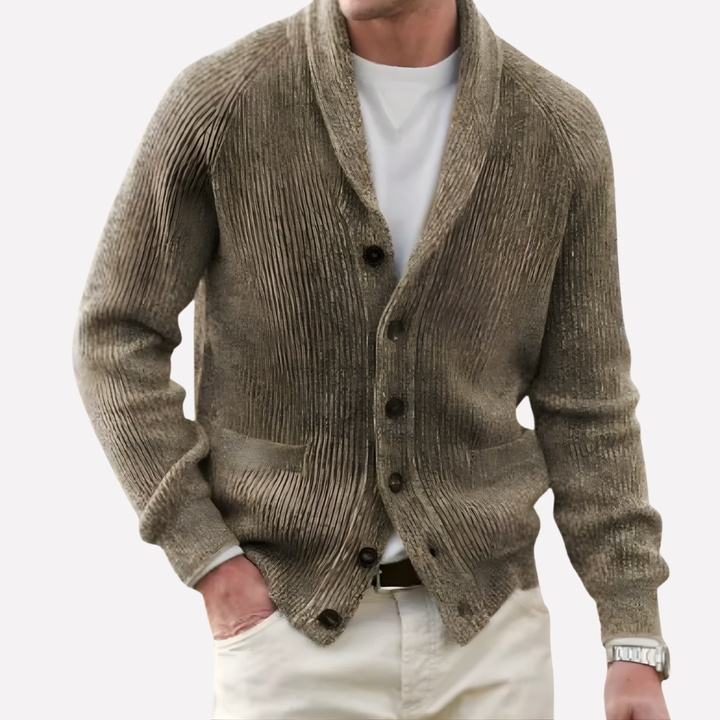 Stijlvol heren cardigan, comfortabel en modieus, met unieke schouderkraag en handige knoopsluiting.