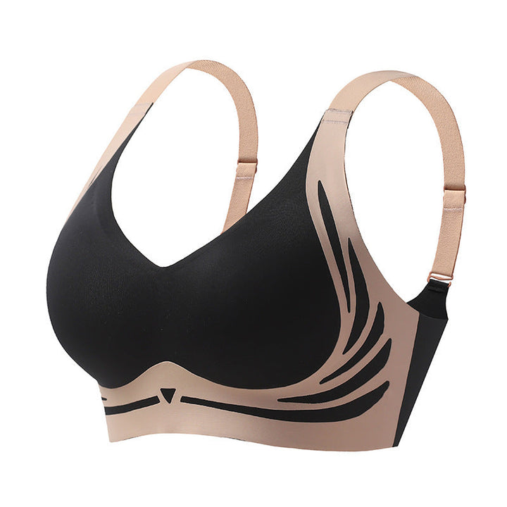 Zwarte beugelloze push-up BH, comfortabel dames ondergoed met liftende werking en naadloos design, verstelbaar.