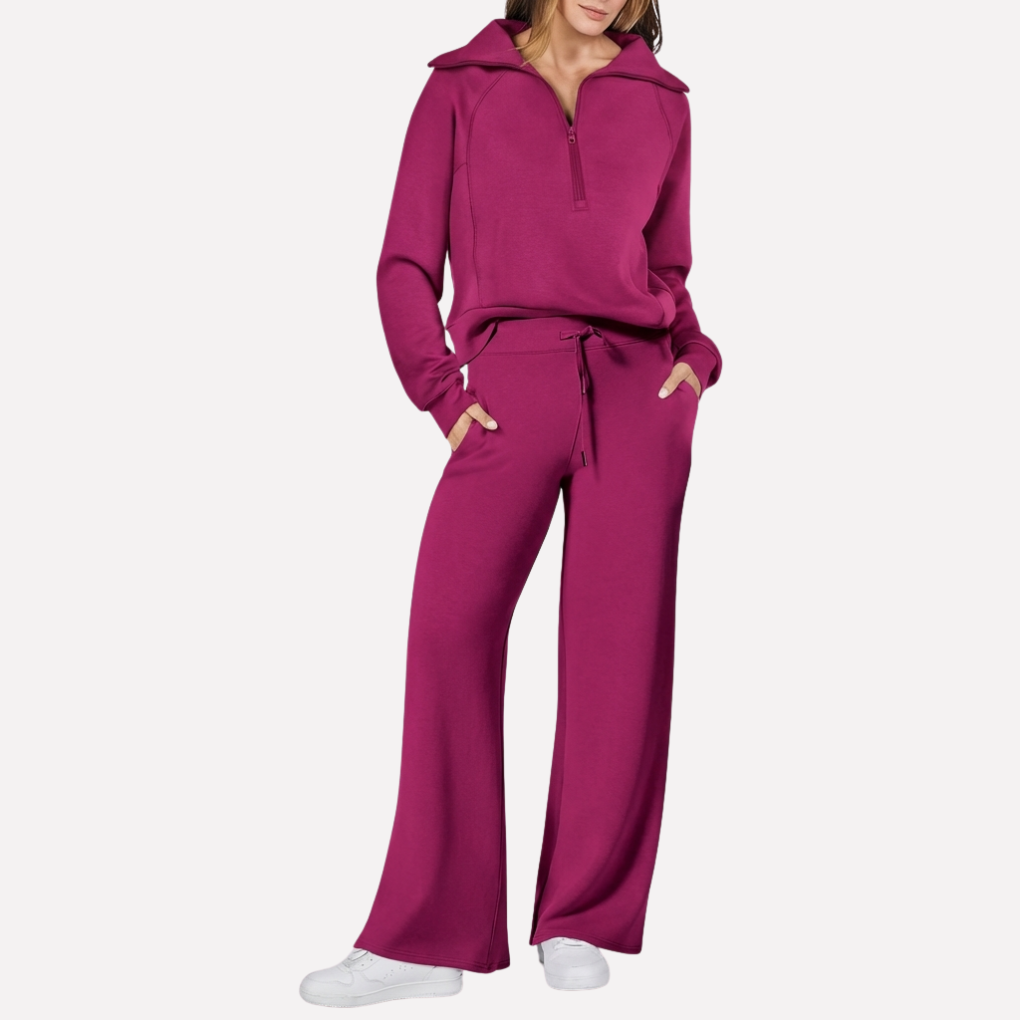 Zachte en ademende dames reisoutfit, een tweedelige set die comfort en stijl combineert voor elke bestemming.