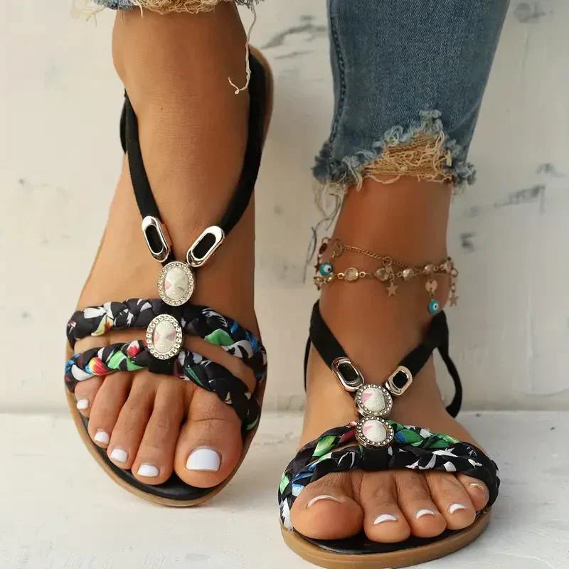 Boho-stijl comfortabele dames sandalen met glanzende parel details, makkelijk aan te trekken.