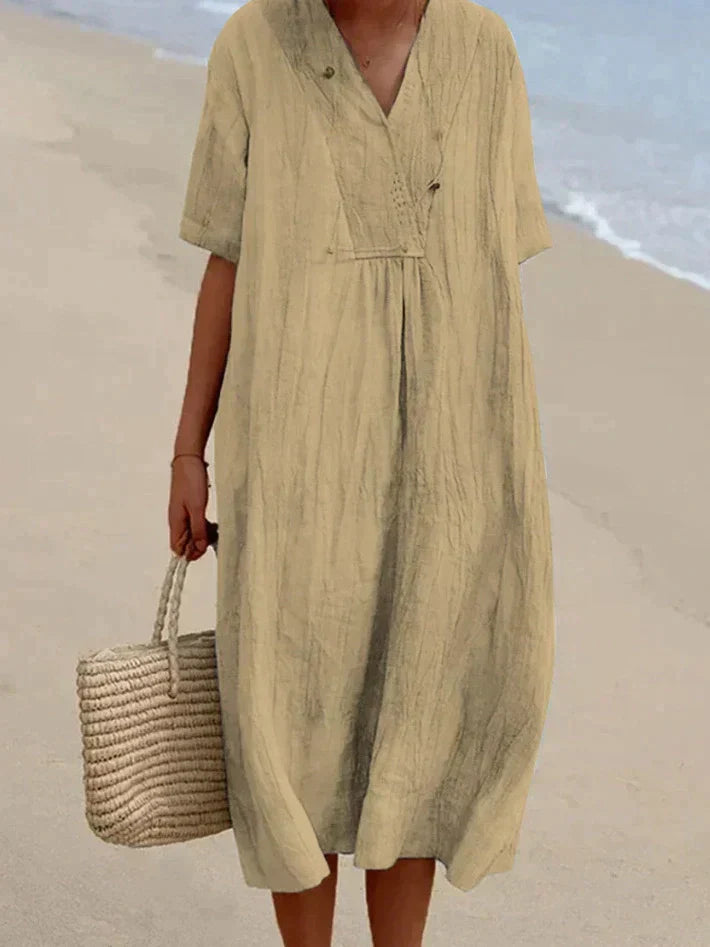 Elegante dames zomerjurk Aria met V-hals, korte mouwen, katoen linnen. Perfect voor vakantie en vrije tijd.