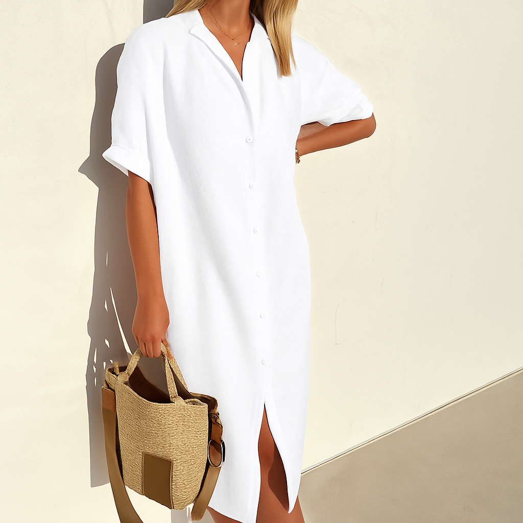 Comfortabele dames overhemdjurk, perfecte zomerjurk voor casual dagen. Midi lengte, elegant en luchtig.