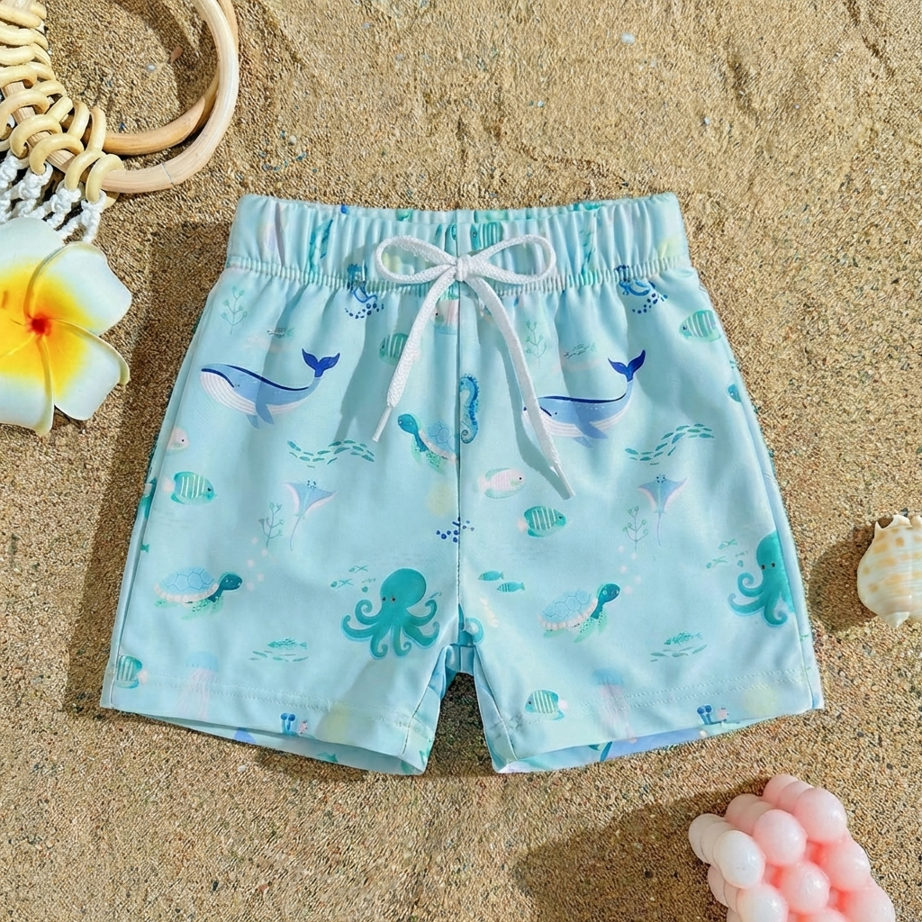 Levendige gestreepte baby jongen zwemshorts, toont het kleurrijke patroon en de kwaliteitsstof.