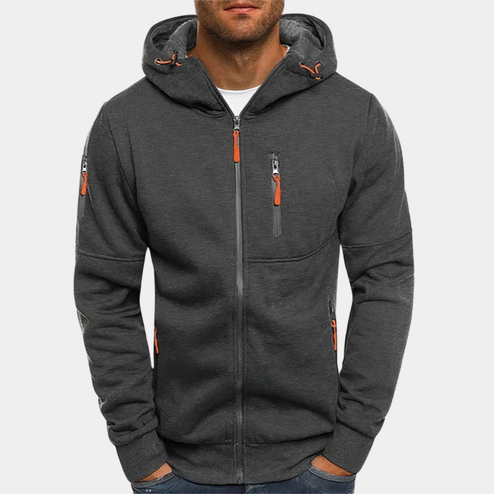 "Comfortabele heren hoodie met rits en capuchon in veelkleurig design, ideaal voor zomer, zwart, blauw, groen, grijs."