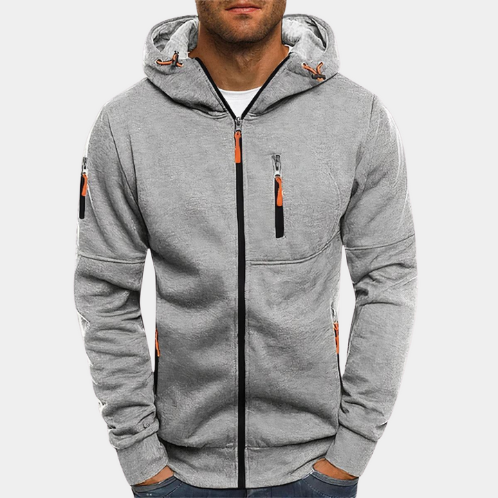 "Comfortabele heren hoodie met rits en capuchon in veelkleurig design, ideaal voor zomer, zwart, blauw, groen, grijs."