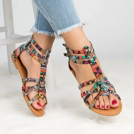Platte kleurrijke gladiator sandalen voor dames met comfortabel enkelbandje, perfect voor de zomer.