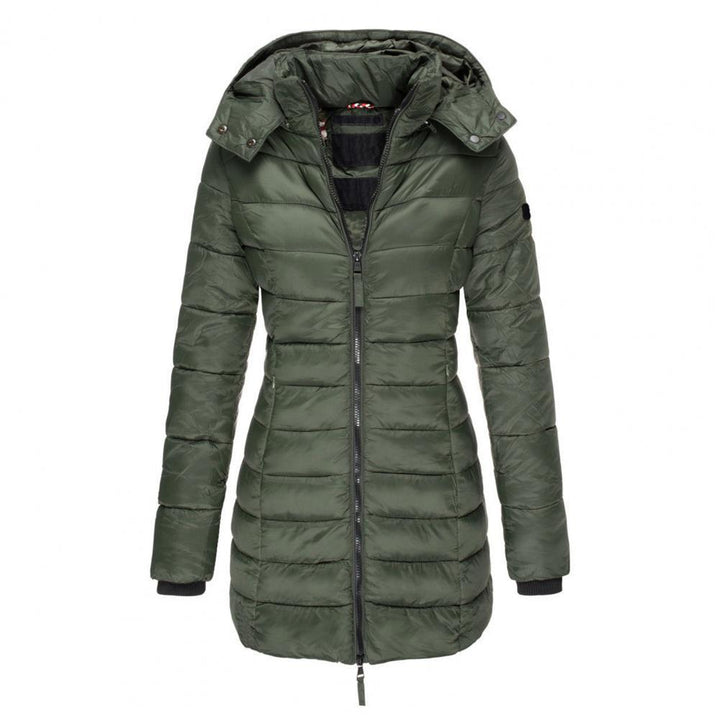 Kaki Mylenes damesjas, een comfortabele en warme jas voor de herfst.