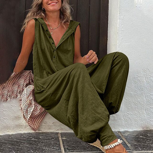 Mouwloze Nova dames jumpsuit, comfortabel en luchtig, perfect als zomerse playsuit of dagelijkse outfit.