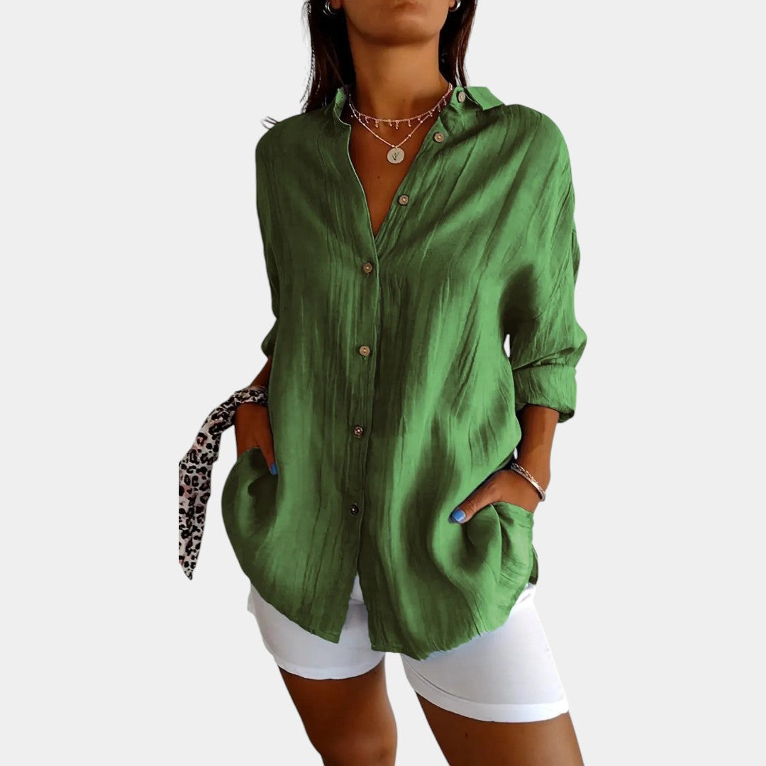 Comfortabele, stijlvolle damesblouse met lange mouwen, perfect voor lente en zomer. Luchtige, veelzijdige kleding.