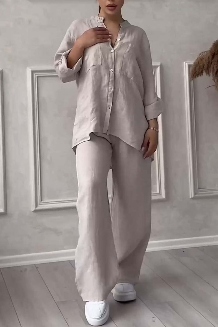Tweedelige Alina dames linnen set met losse blouse en korte broek, comfortabele zomerse dameskleding.