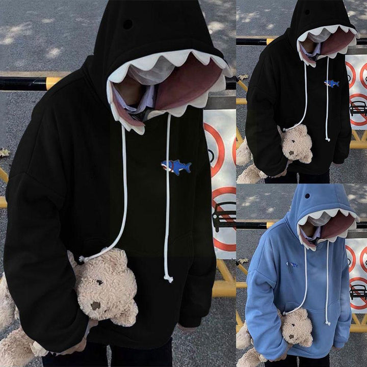 Comfortabele unisex hoodie met opvallend haaiendesign, inclusief tanden en vinnen. Trendy kleding.