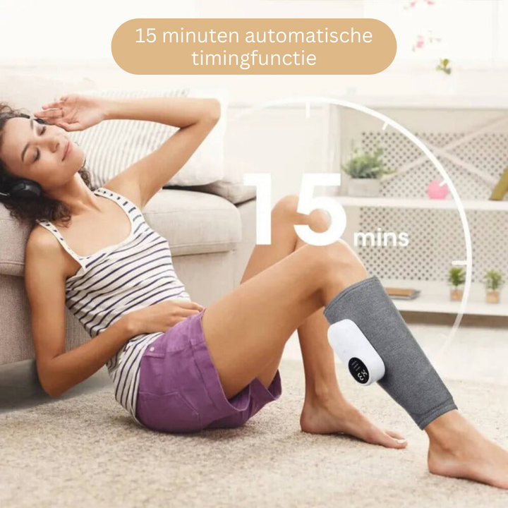 ComfortLegs beenmassageapparaat in gebruik, verlicht vermoeide kuiten met compressie en massage voor bloedsomloop.