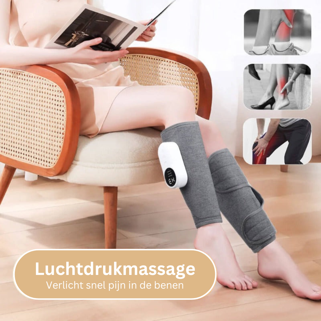 Draadloos ComfortLegs beenmassageapparaat voor therapeutische kuitmassage en pijnverlichting bij zwelling.