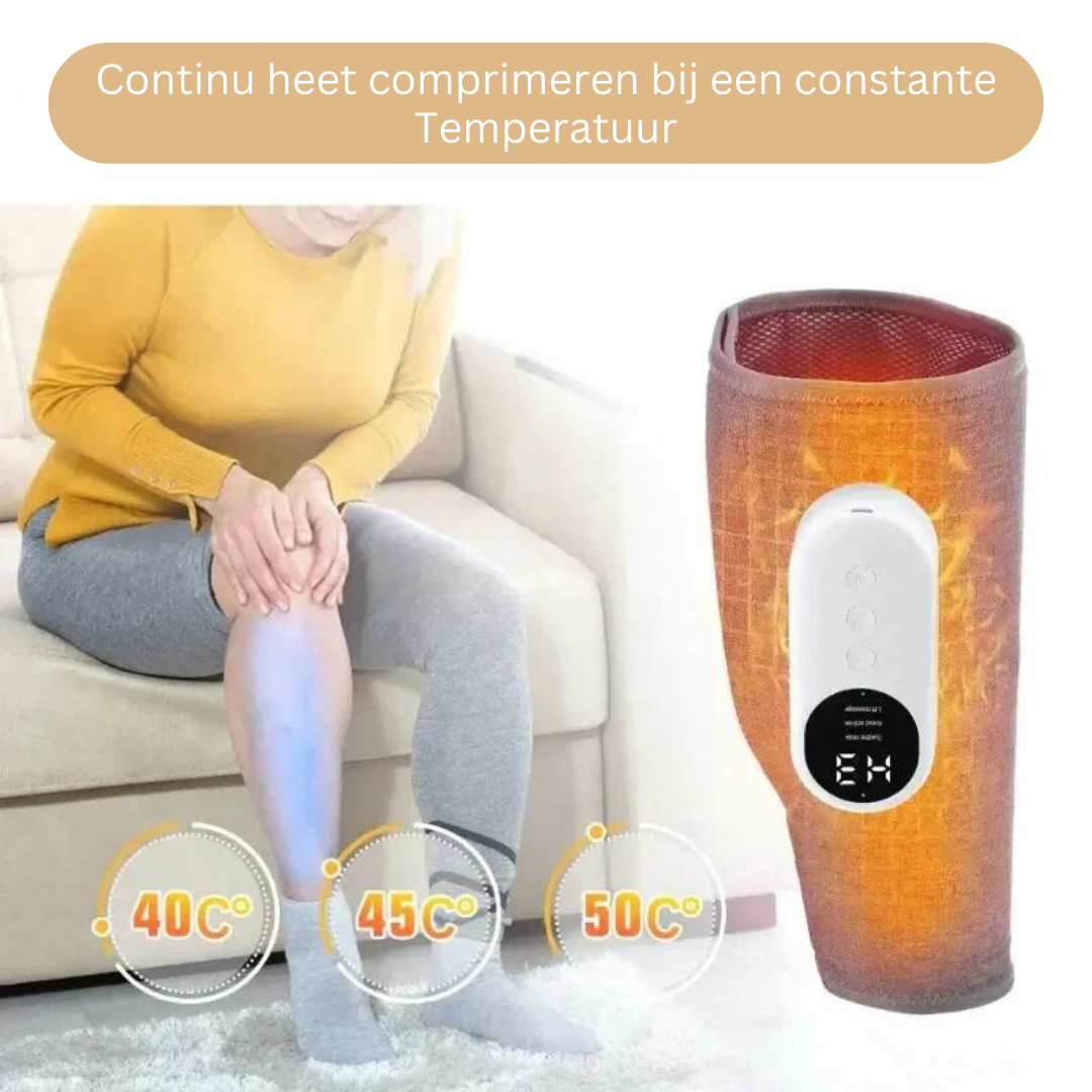 Vrouw ontspant met ComfortLegs compressie beenmassageapparaat, ideaal voor spierherstel en vermoeide benen.