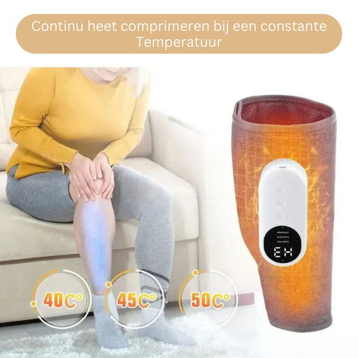 Vrouw ontspant met ComfortLegs compressie beenmassageapparaat, ideaal voor spierherstel en vermoeide benen.