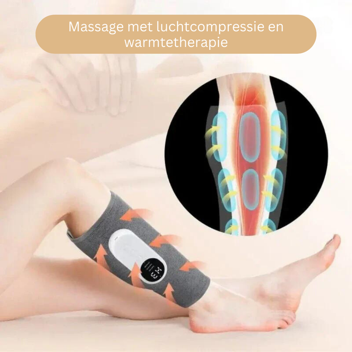 Close-up van het ComfortLegs draadloos massageapparaat, toont bediening voor intensiteit en compressie.